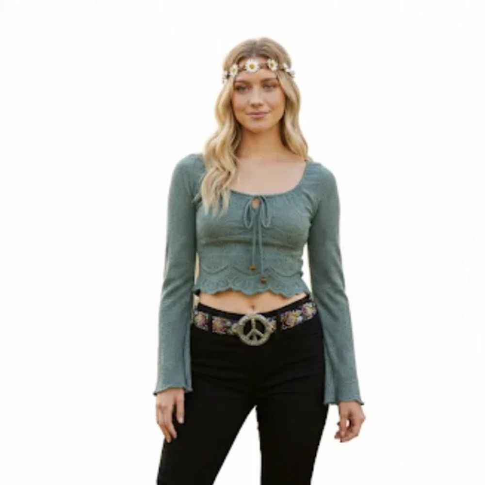 Lace Long Sleeve Crop Top - Green
